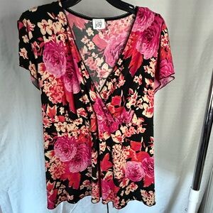Floral Joy Women's V-Neck Blouse - Pink and Black
